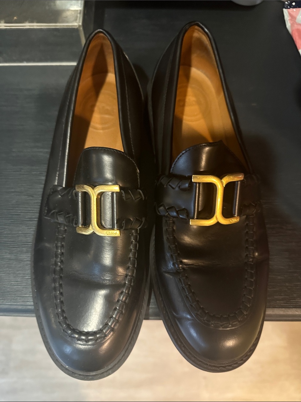 Chloe Black Leather Loafers with Gold Accent - Chloe